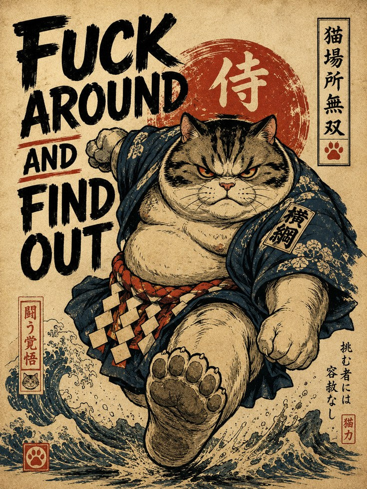 Japanese Cat Wall Art – Samurai Warrior Print - artwork on paper