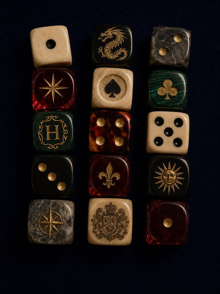 Vintage Dice Collection Wall Art: Ornate Gaming Symbols Print - artwork on paper