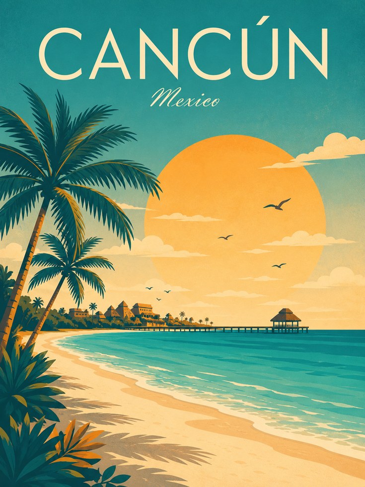 Mexico Travel Poster – Cancun Beach Print - artwork on paper