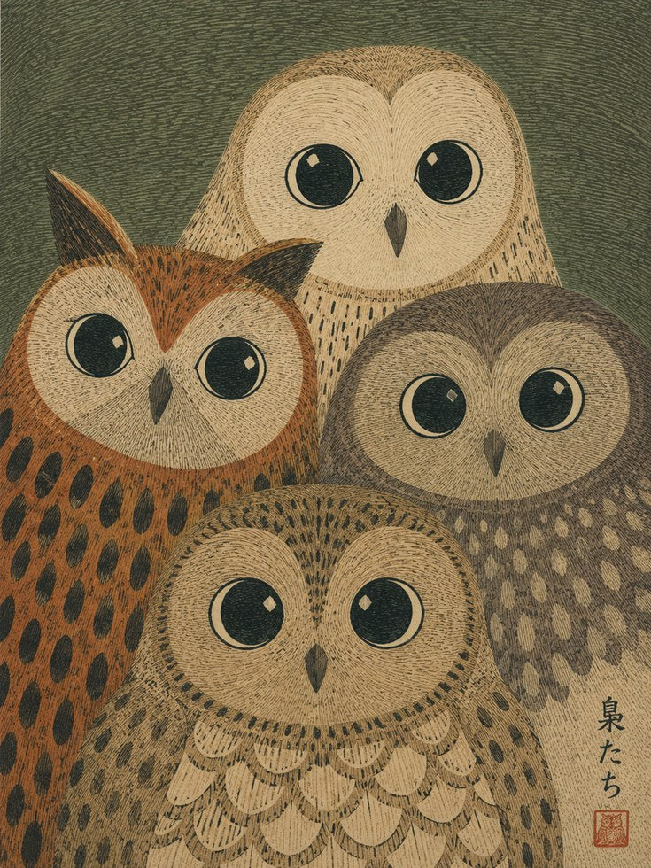 Four Owls Japanese Folk Art Print - artwork on paper