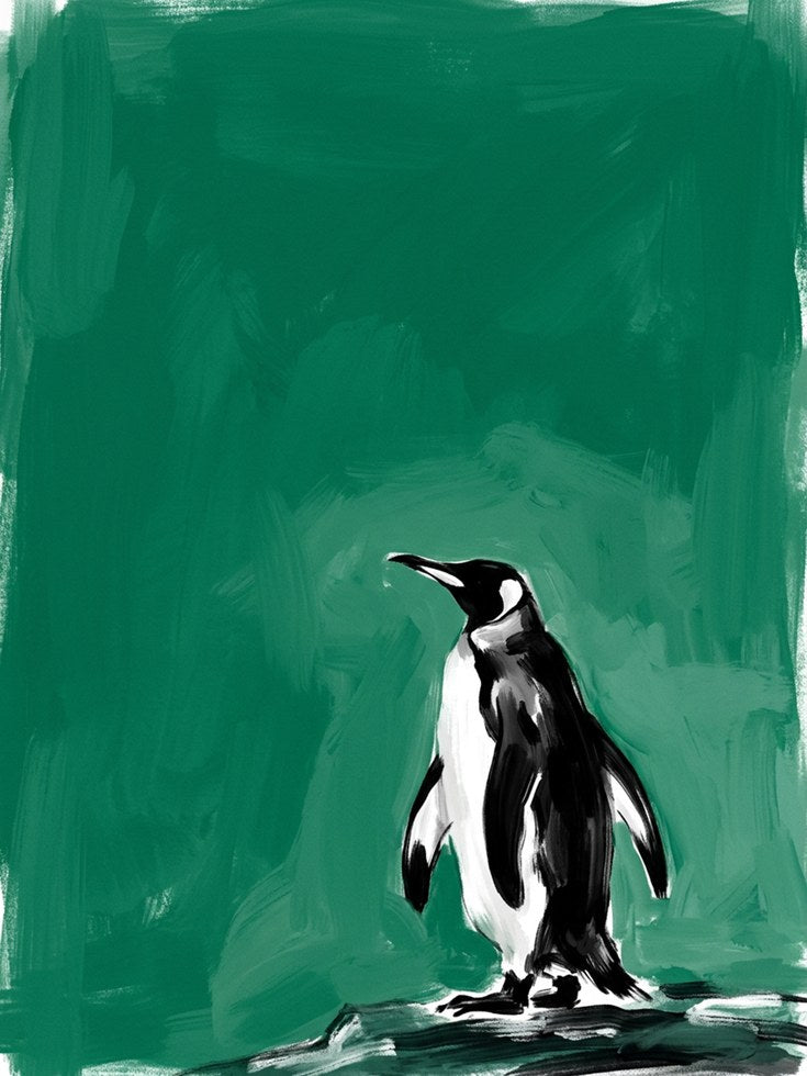 Penguin Art Print: Minimalist Black and White on Teal Green - artwork on paper