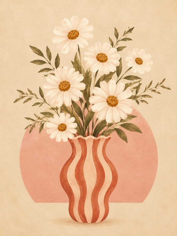 Daisy Vase Wall Art – Retro Floral Print - artwork on paper