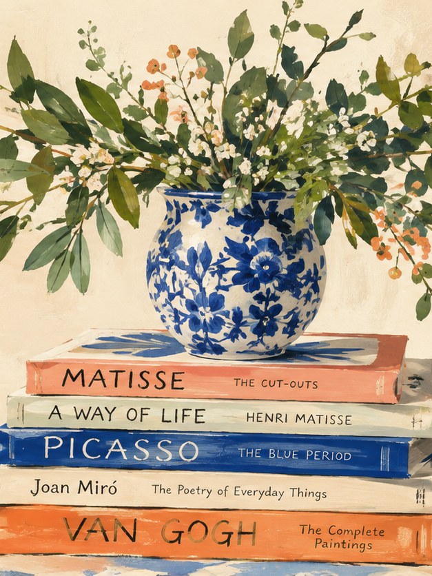 Blue Chinoiserie Vase with Flowers Art Print: Still Life Painting - artwork on paper
