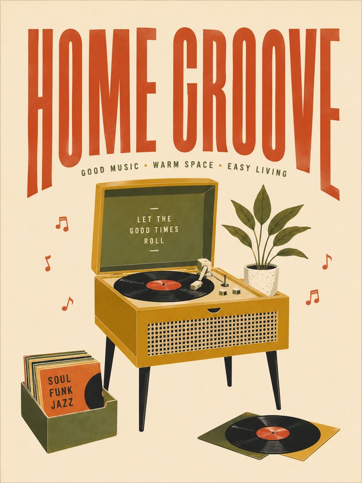 Home Groove Retro Record Player Print: Mid-Century Music Art - artwork on paper