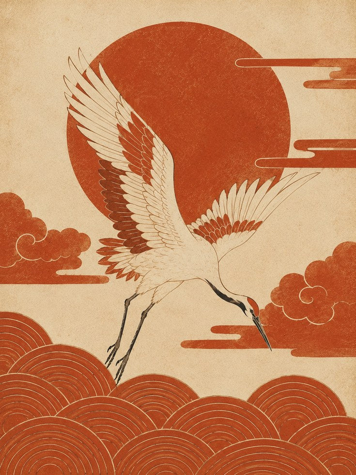 Crane Wall Art Print: Vintage Red Sun Motif - artwork on paper