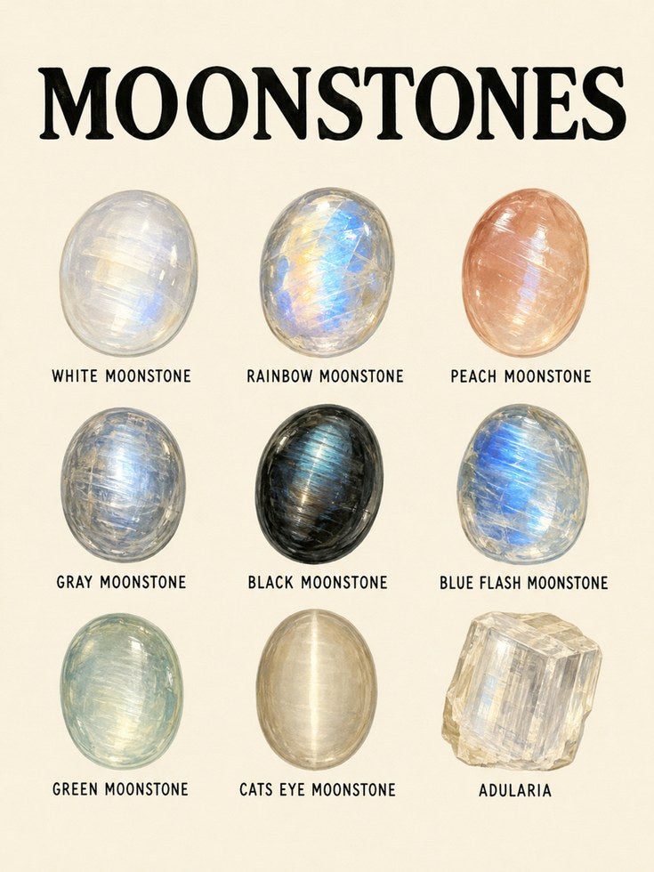 Moonstone Chart Print — Educational Gemstone Guide - artwork on paper