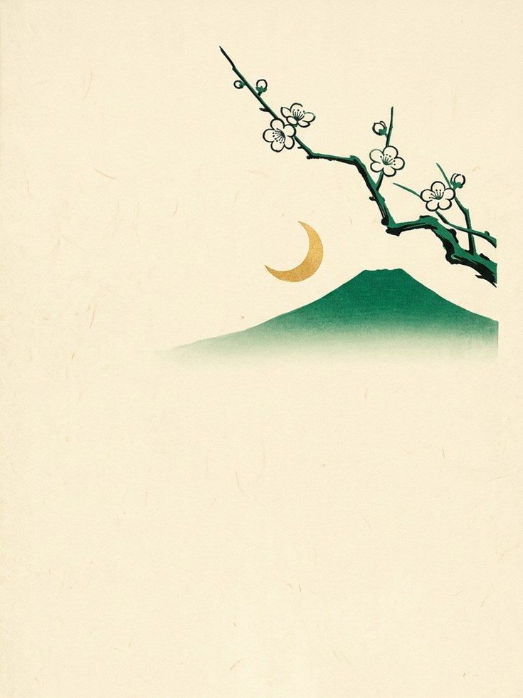 Japanese Cherry Blossom Mountain Print: Minimalist Green Landscape - artwork on paper