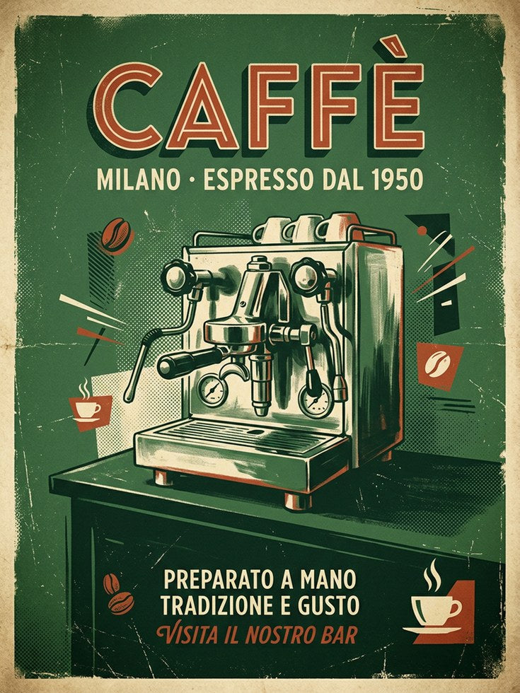 Vintage Espresso Machine Poster — Retro Italian Café Art - artwork on paper