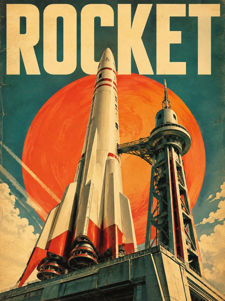 Vintage Rocket Poster – Retro Space Wall Art - artwork on paper