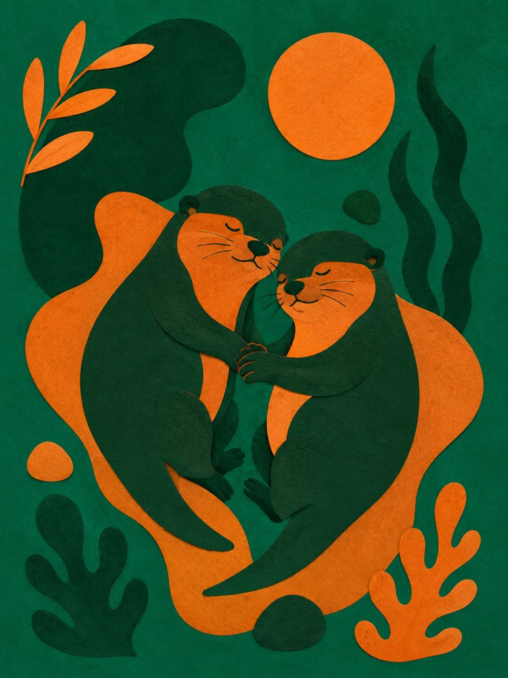 Otter Couple Art Print: Minimalist Green and Orange Wildlife - artwork on paper