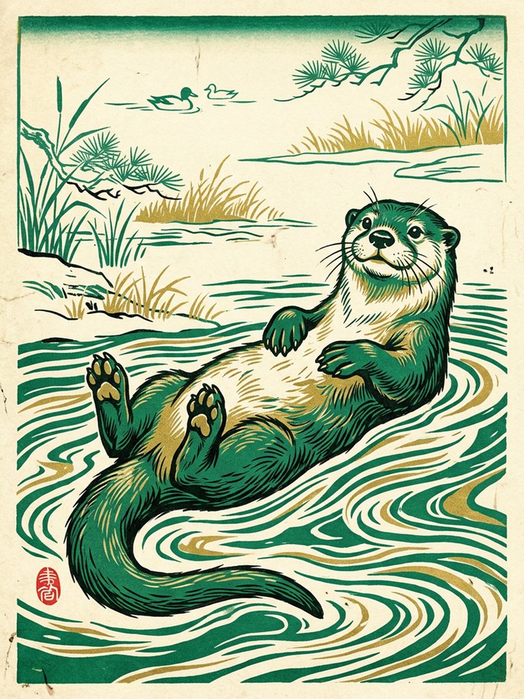 Otter Print — Japanese Woodblock Style - artwork on paper