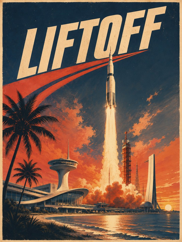 Retro Space Poster – Rocket Launch Print - artwork on paper