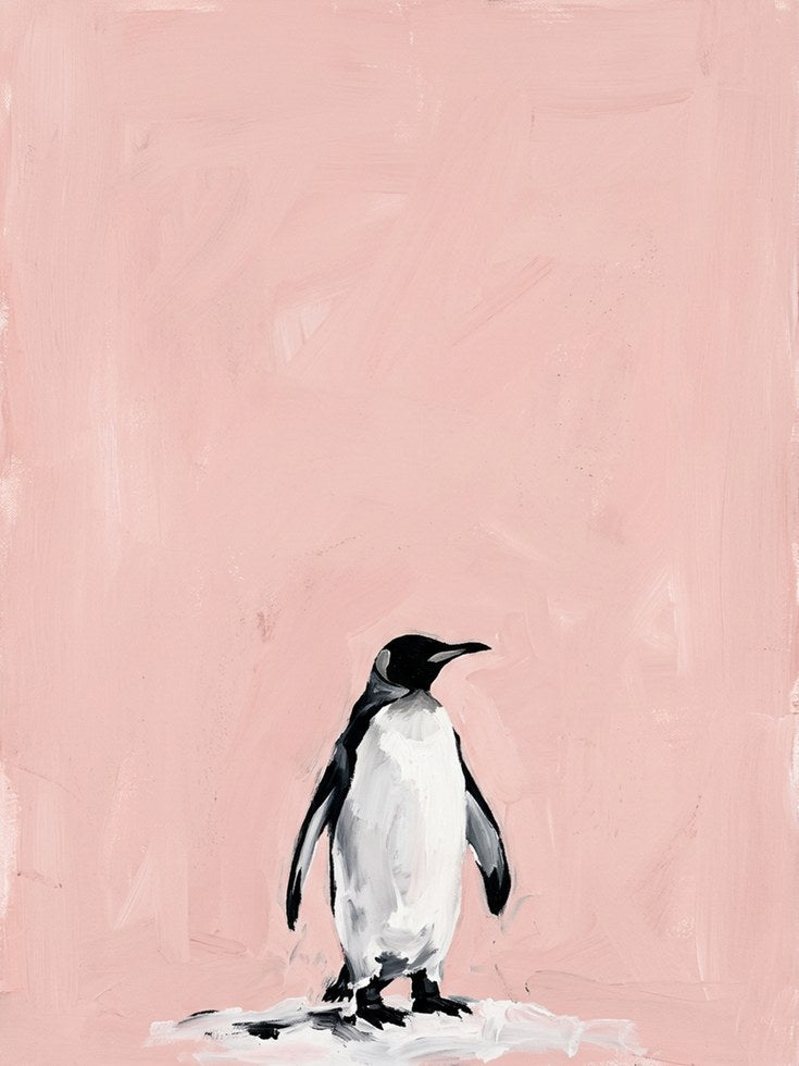 Penguin Art Print — Soft Pink Minimalist Animal Painting - artwork on paper