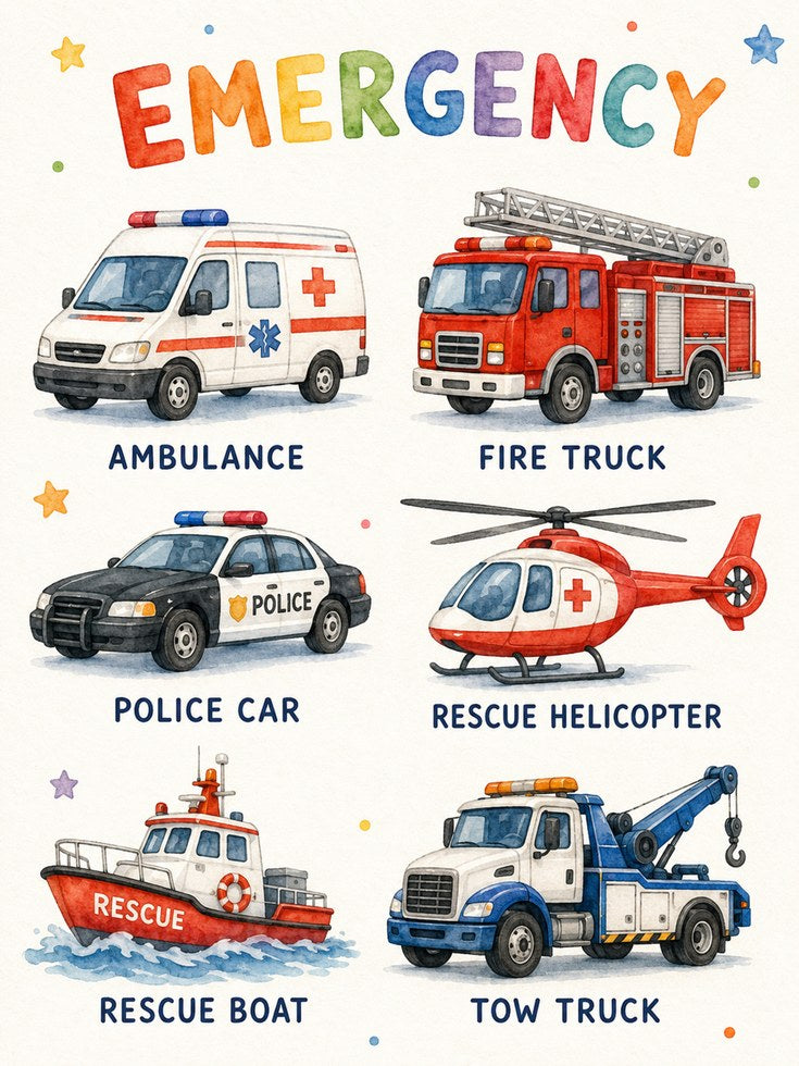 Watercolor Emergency Vehicles Print - artwork on paper