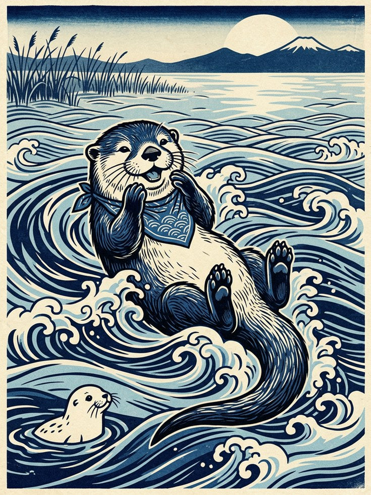 Sea Otter Waves Art Print: Japanese Woodblock Style Blue Wildlife - artwork on paper