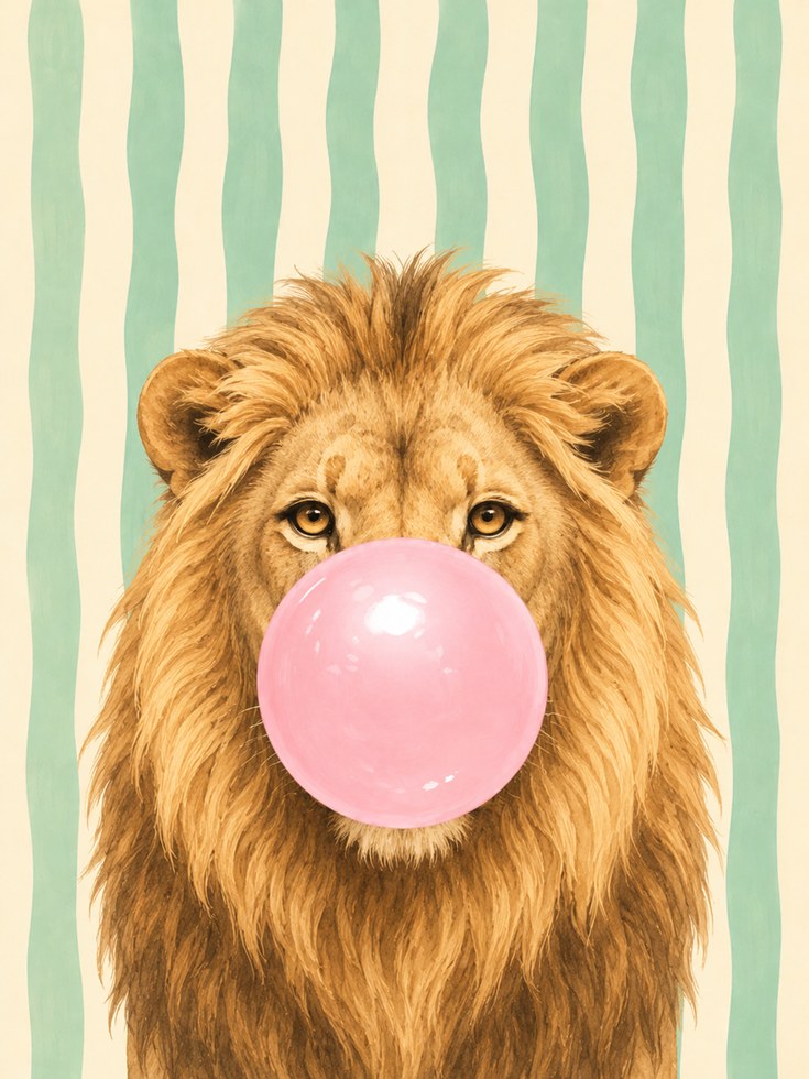 Lion Bubble Gum Print – Funny Animal Wall Art - artwork on paper