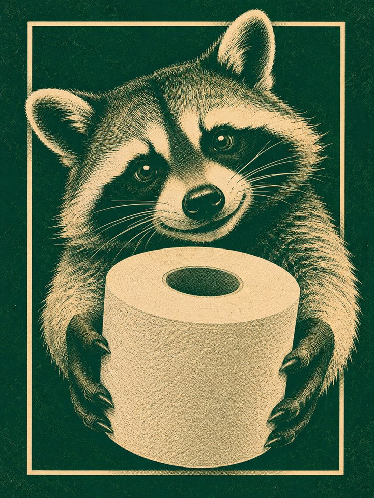 Raccoon Vintage Print: Retro Bathroom Art in Green and Cream - artwork on paper