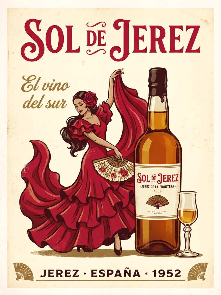 Spanish Flamenco Wall Art: Retro Sherry Wine Poster - artwork on paper