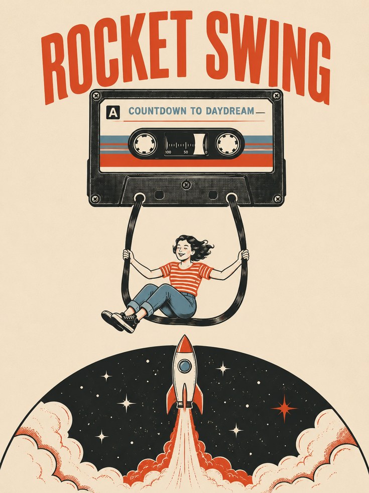 Retro Cassette Tape Rocket Print — Whimsical Music & Space Art - artwork on paper
