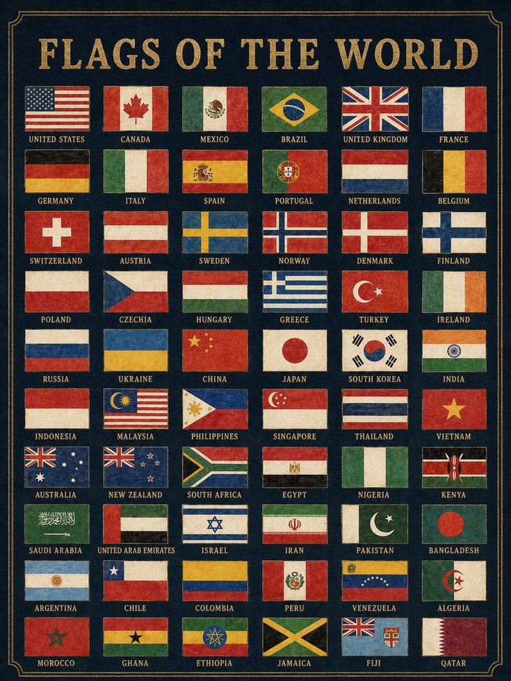 Flags of the World Poster: Vintage Educational Chart Wall Art - artwork on paper