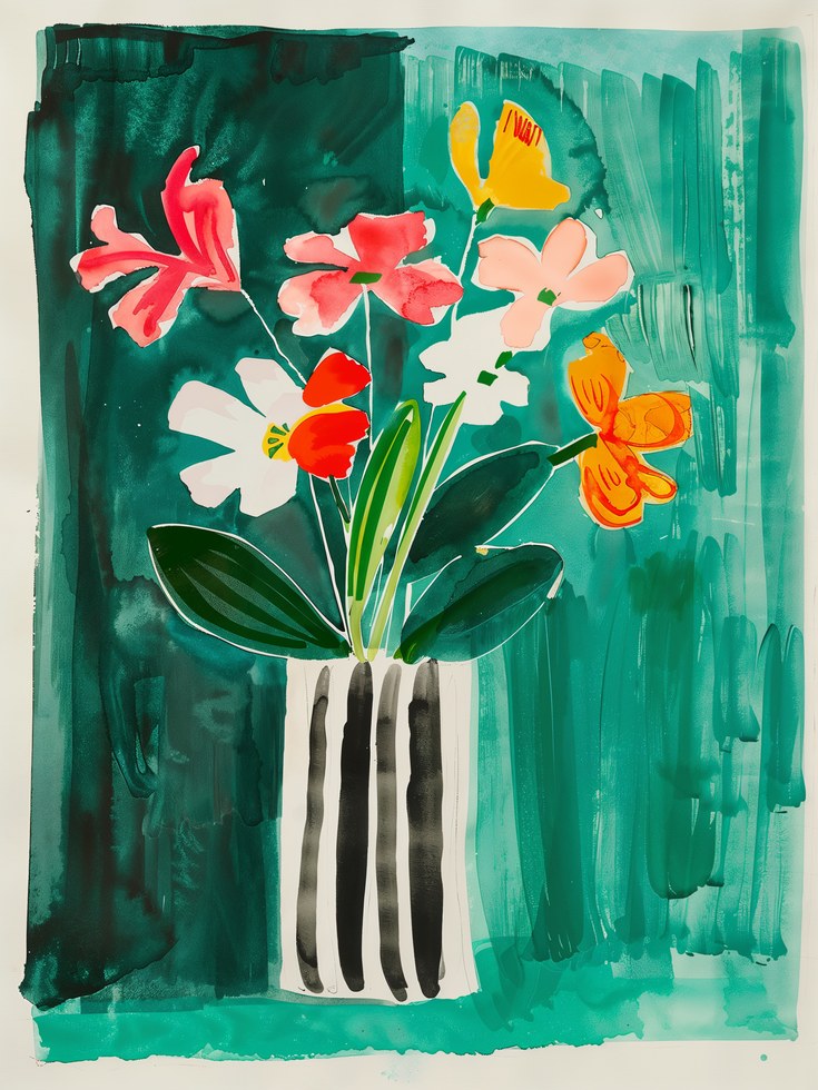 Floral Wall Art Print: Vibrant Flowers on Teal Background - artwork on paper