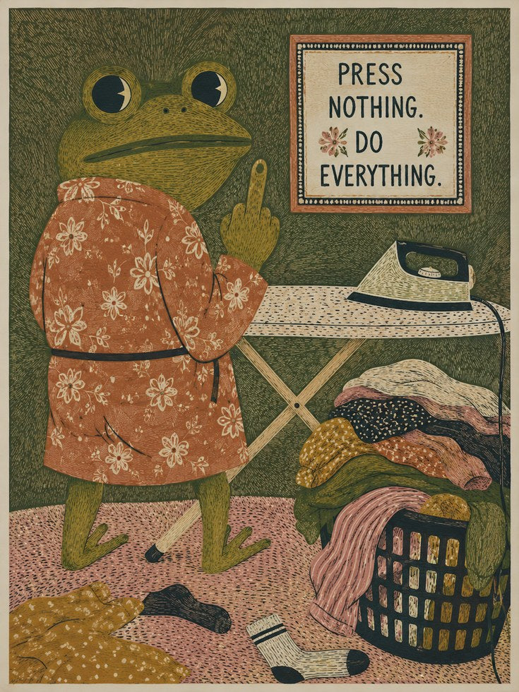 Ironing Frog Art Print: Whimsical Folk Art Illustration - artwork on paper