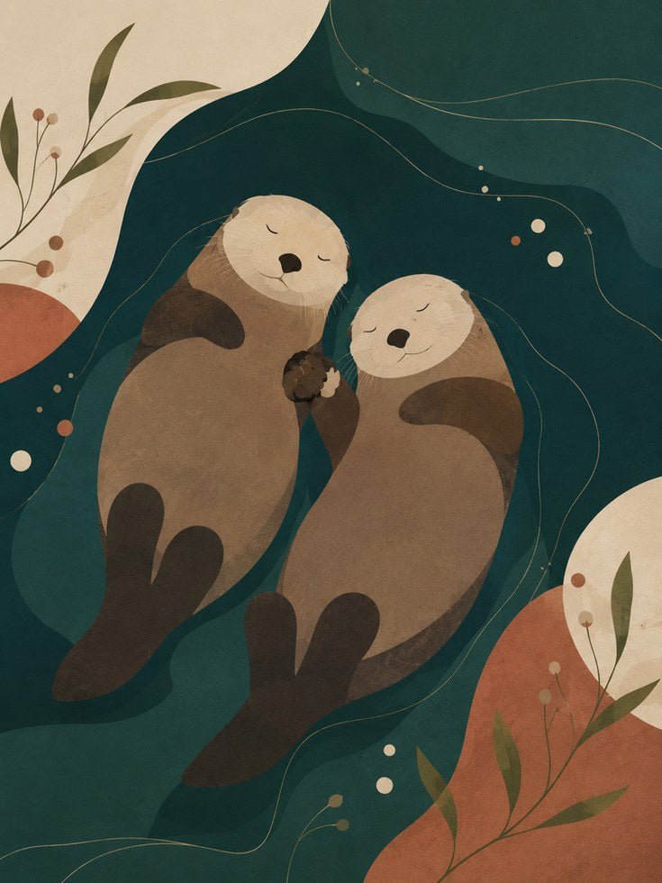Sea Otters Holding Hands Art Print: Minimalist Teal and Beige - artwork on paper