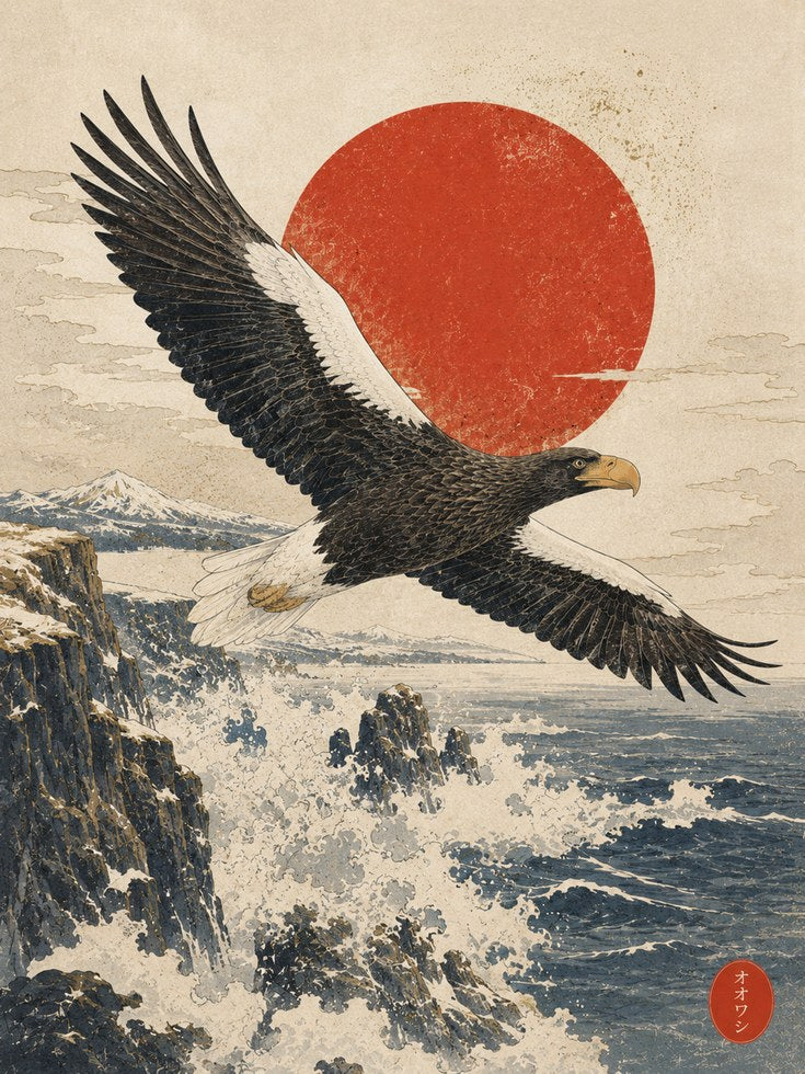 Japanese Ukiyo-e Eagle Print – Ocean Waves - artwork on paper