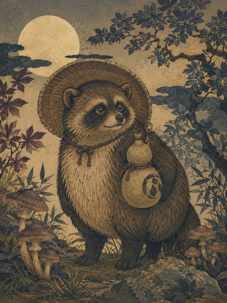 Tanuki Traveler Print: Japanese Folk Art Woodland Illustration - artwork on paper
