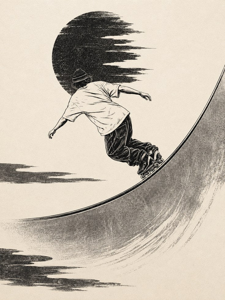 Skateboard Halfpipe Art Print: Minimalist Black Beige Design - artwork on paper