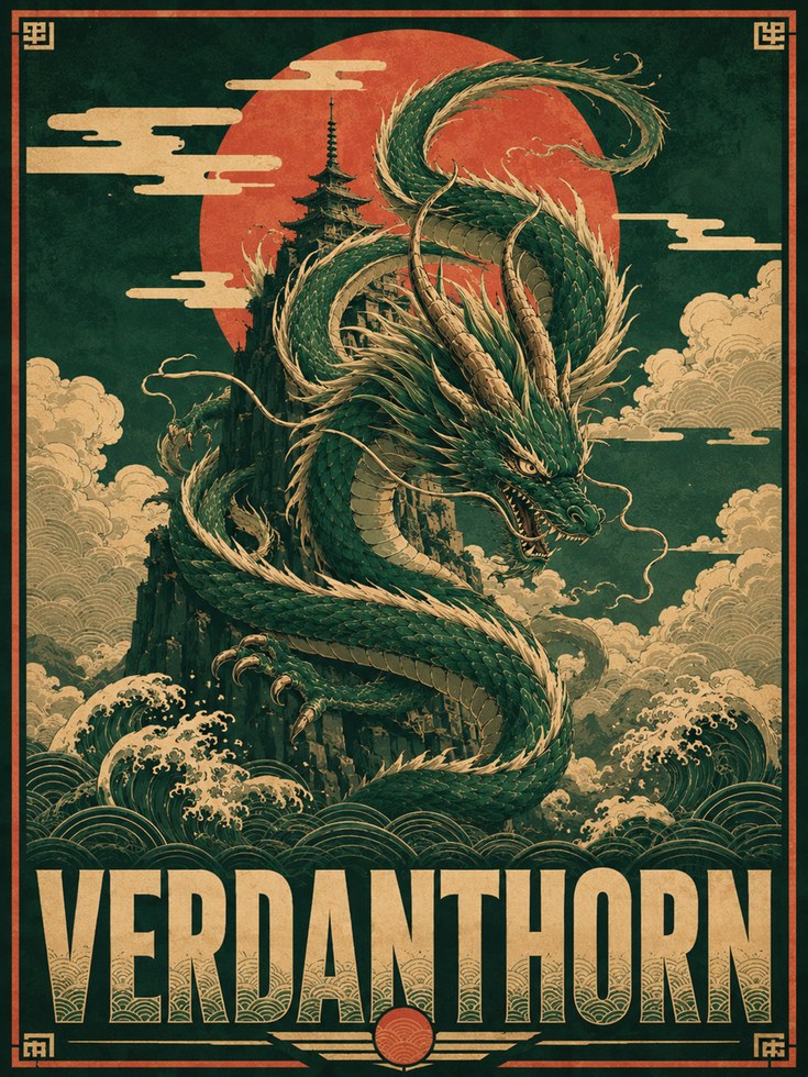 Vintage Japanese Dragon Print – Emerald Green - artwork on paper