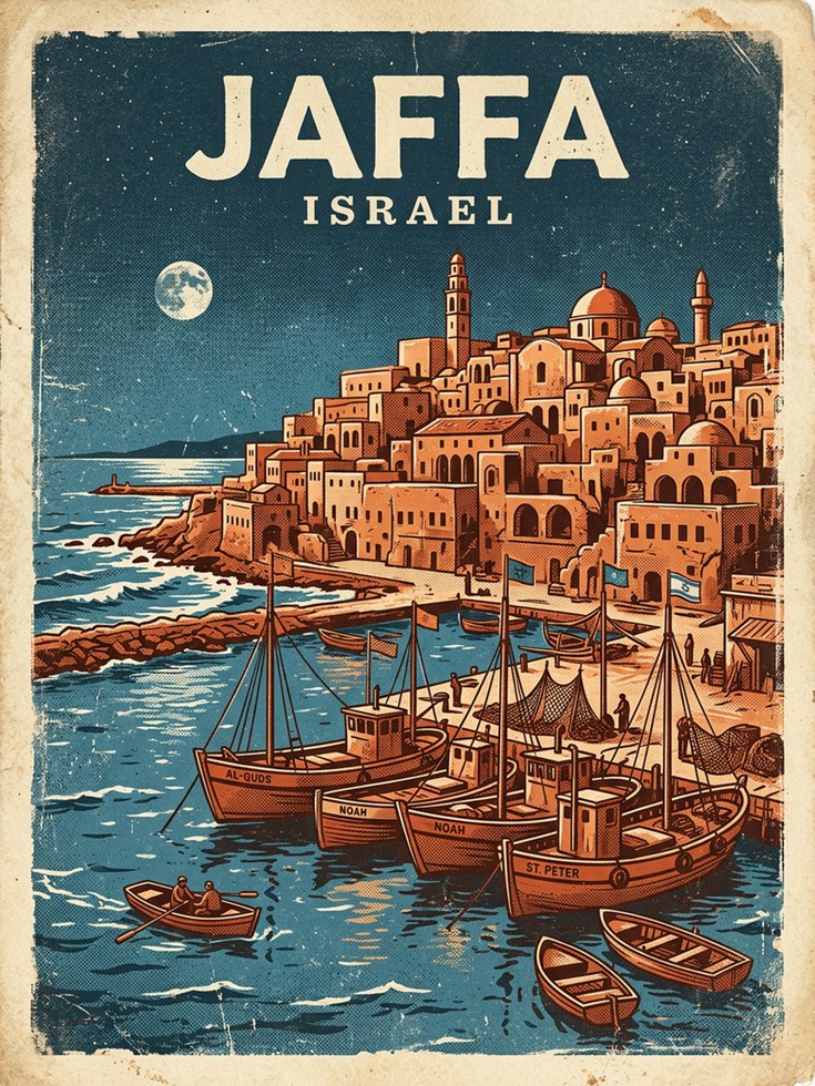 Jaffa Israel Vintage Travel Poster — Retro Mediterranean Port Art - artwork on paper