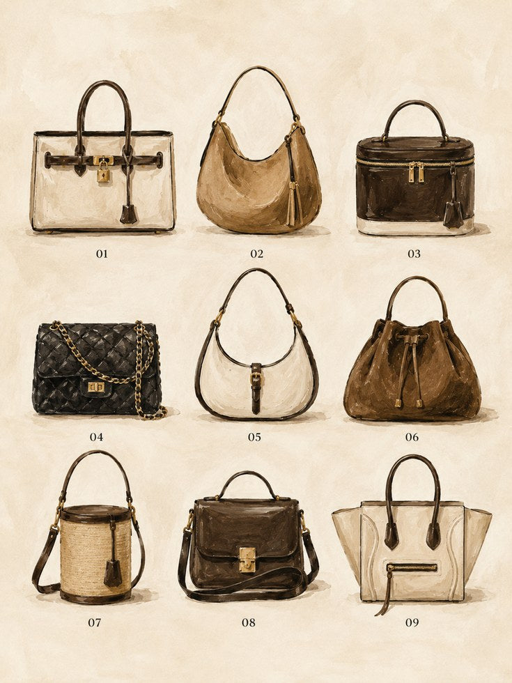 Designer Handbag Collection Art Print: Watercolor Fashion Illustration - artwork on paper