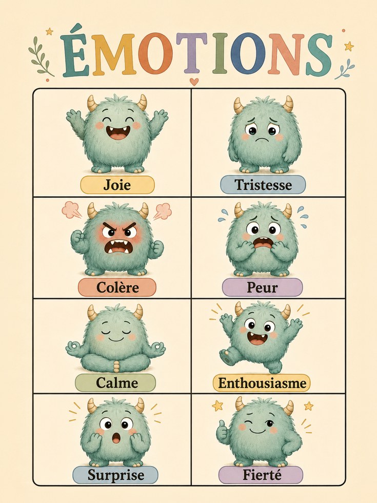 Emotions Chart for Kids: French Learning Poster (Nursery & Playroom) - artwork on paper