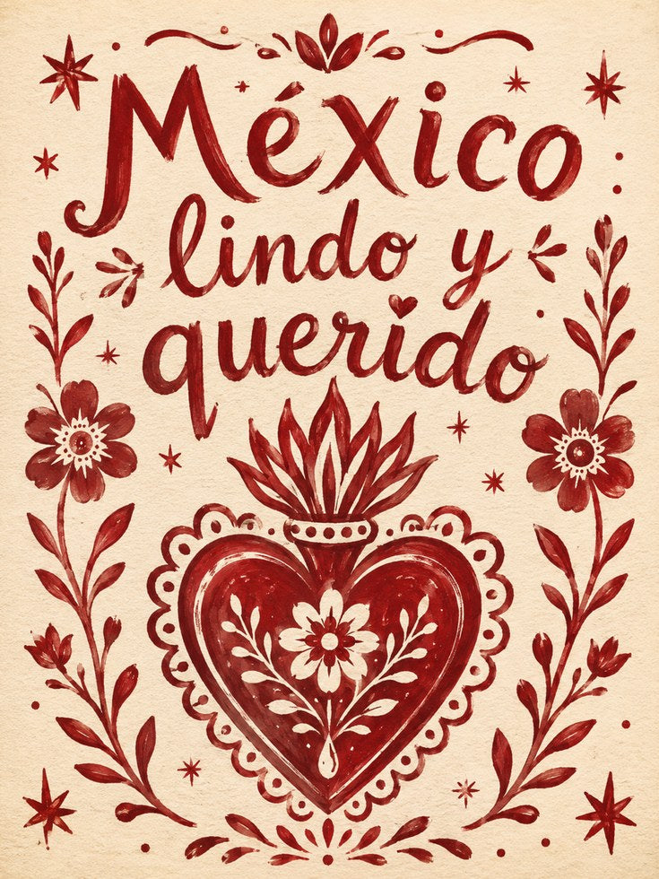 Mexico Lindo y Querido Folk Art Print: Red Cream Typography - artwork on paper