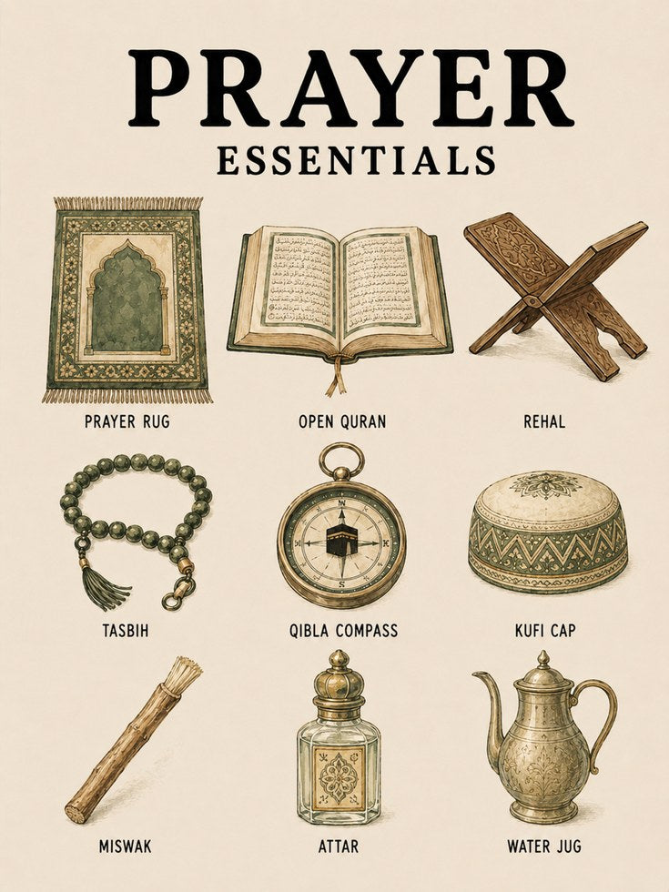 Prayer Essentials Wall Art: Vintage Islamic Illustration - artwork on paper