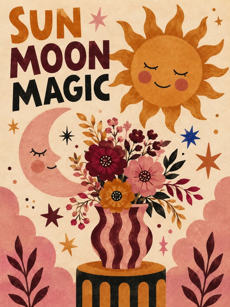 Sun Moon Magic Poster: Retro Celestial Folk Art with Flowers - artwork on paper