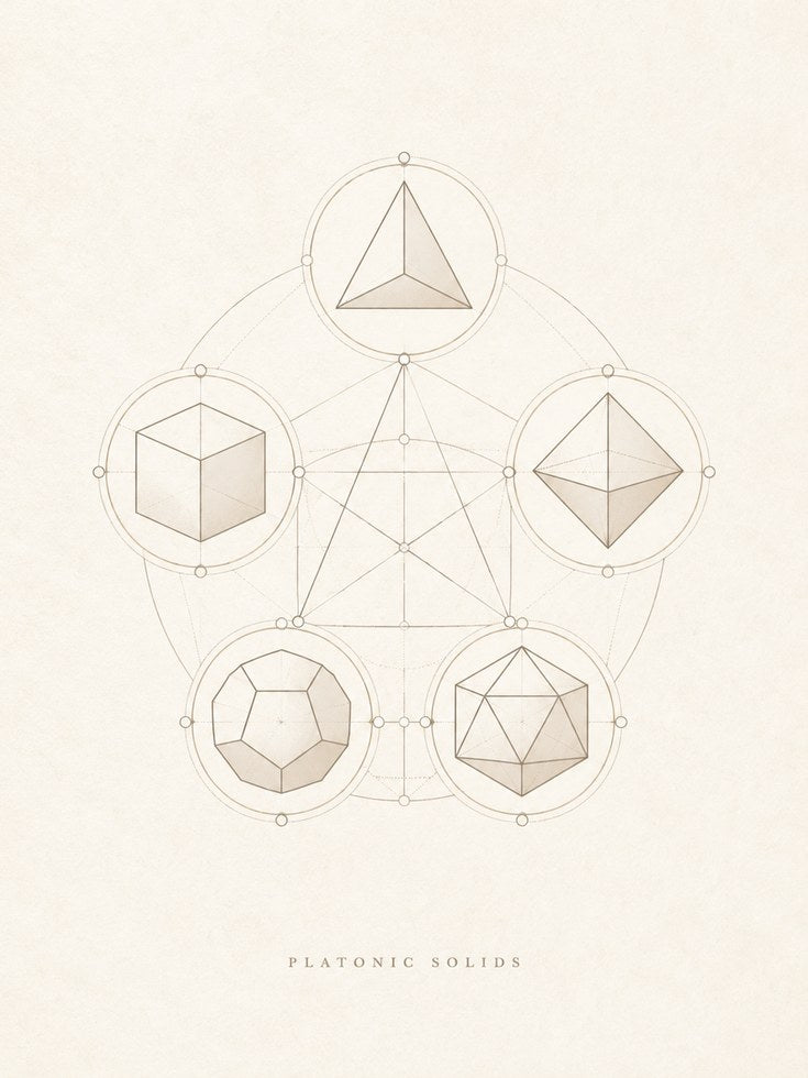 Sacred Geometry Art: Platonic Solids Design (Gold on Cream Background) - artwork on paper