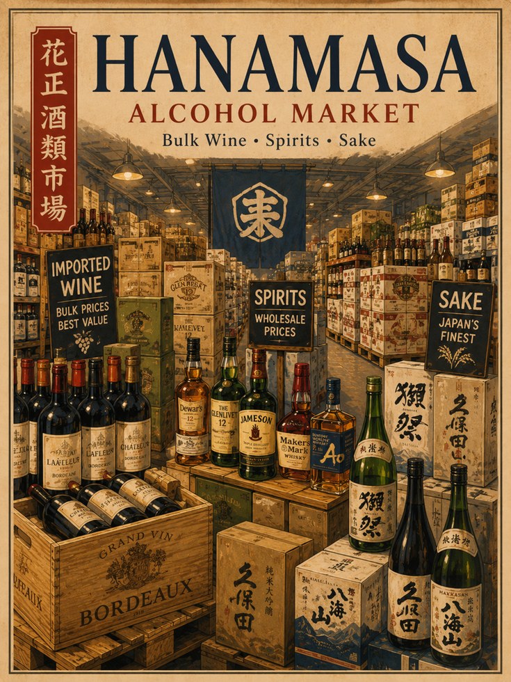 Hanamasa Alcohol Market Wall Art: Vintage Japanese Storefront - artwork on paper