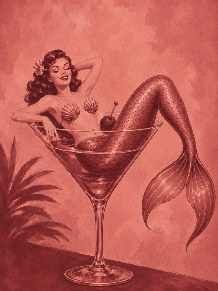 Mermaid Cocktail Wall Art – Vintage Pin Up Print - artwork on paper