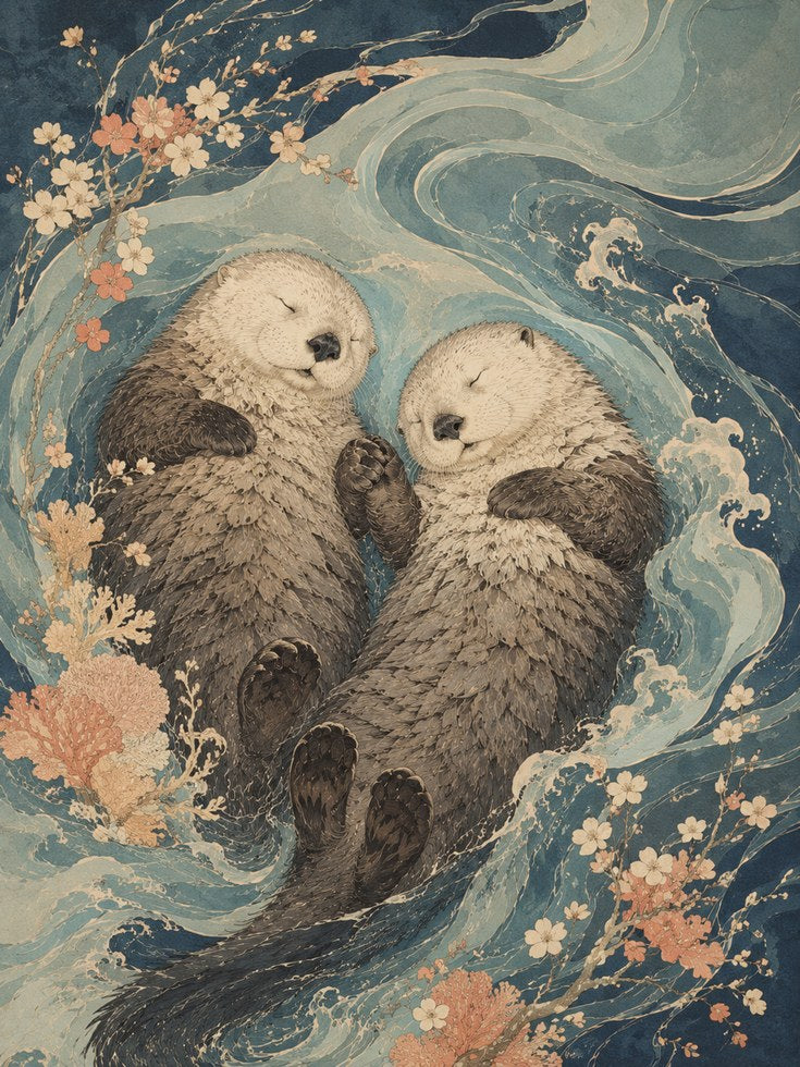Sea Otters Art Print: Japanese Woodblock Style with Cherry Blossoms - artwork on paper