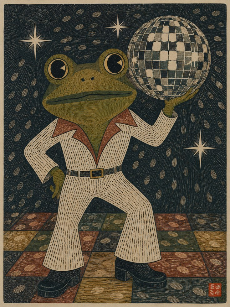 Retro Disco Frog Print – Vintage Dance Wall Art - artwork on paper