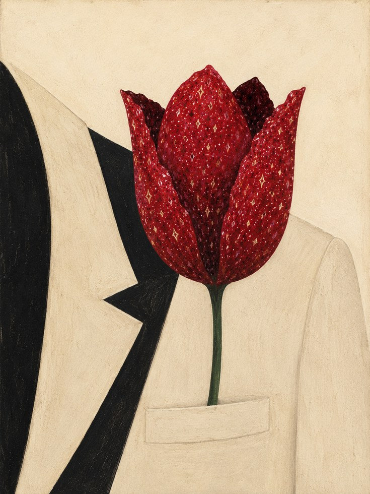 Red Tulip Art Print: Modernist Botanical Collage Design - artwork on paper
