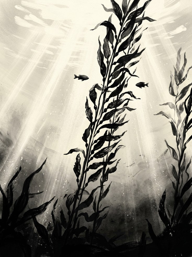 Underwater Kelp Forest Art Print: Black and White Ocean Scene - artwork on paper
