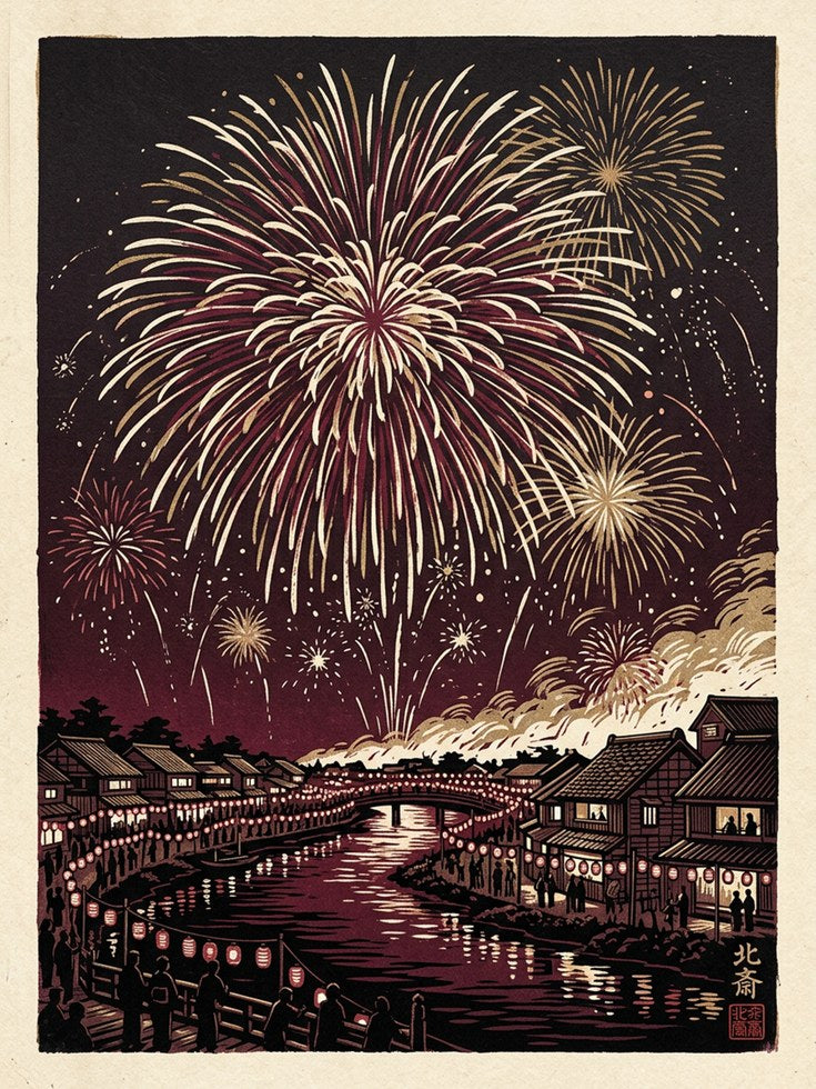 Japanese Fireworks Over River Print: Traditional Woodblock Style - artwork on paper