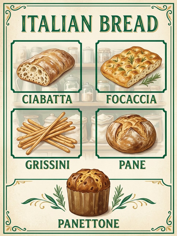 Italian Bread Poster — Vintage Bakery Illustration - artwork on paper