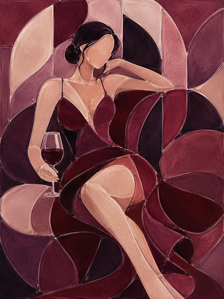 Art Deco Woman with Wine Glass: Burgundy Geometric Wall Art - artwork on paper