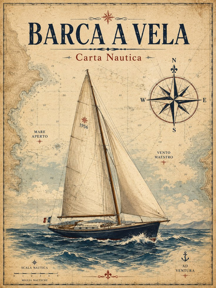 Vintage Nautical Chart Sailboat Print: Aged Maritime Map Art - artwork on paper
