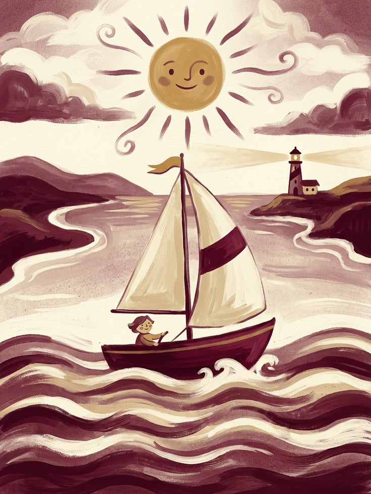 Whimsical Sailboat Art Print: Vintage Nautical Lighthouse Scene - artwork on paper