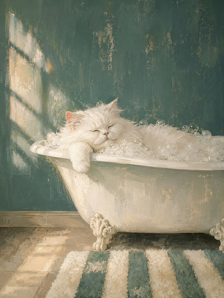 Fluffy Cat Bath Wall Art - artwork on paper